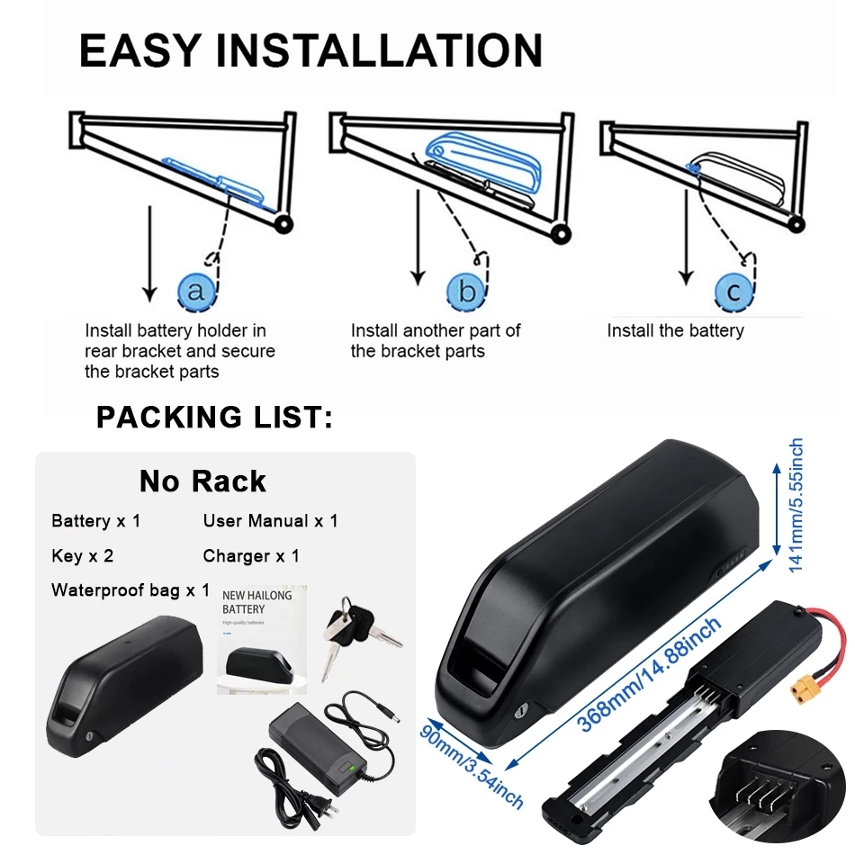 Batterie Polly Shark 52V, 17,5 ah, pour vélo électrique 48V, 21ah, 1000/1200W, tube descendant Polly, gros pneu