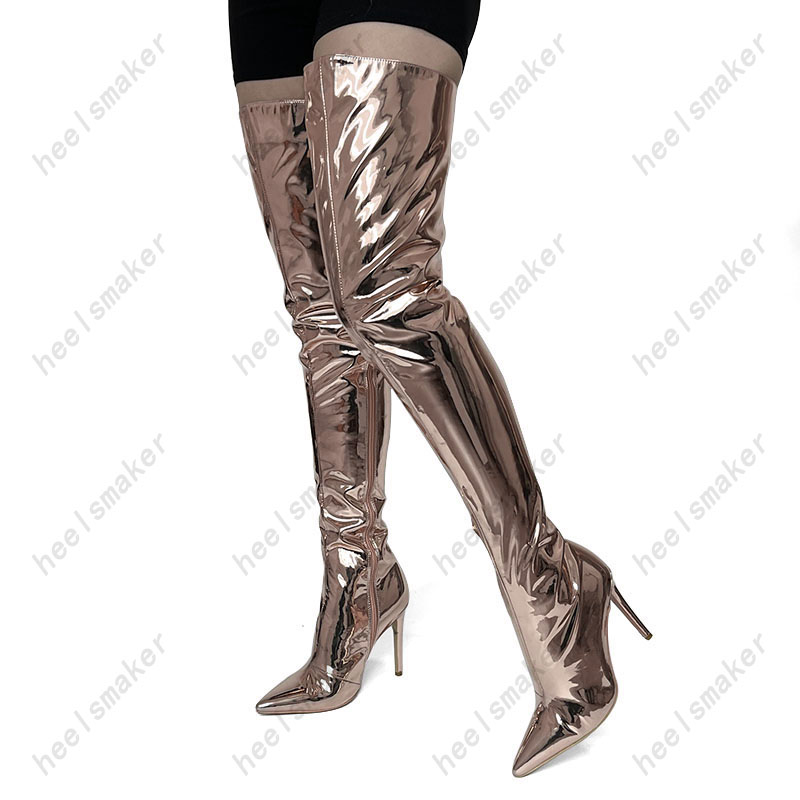 Stivali coscia invernali da donna Tacchi a spillo sexy Punta a punta Belle scarpe punk nere Donna Taglia USA 5-15