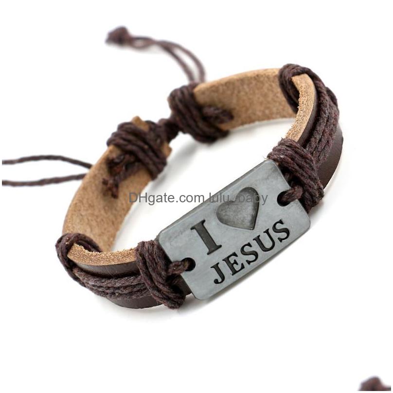 Charm Bracelets Europe Fashion Jewelry Mens Retro Alloy Iove Jesus Handmade Rope Weave Leather Bracelet Drop Delivery Bracelets Dhjag