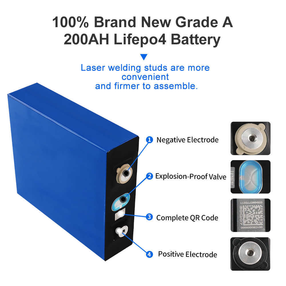 Ny laddningsbar 200AH LifePo4 Batteri 3.2V Batteripaket 12V 24V 48V Grad A Lithium Iron Phospa för RV Vans Campers EV -båtar