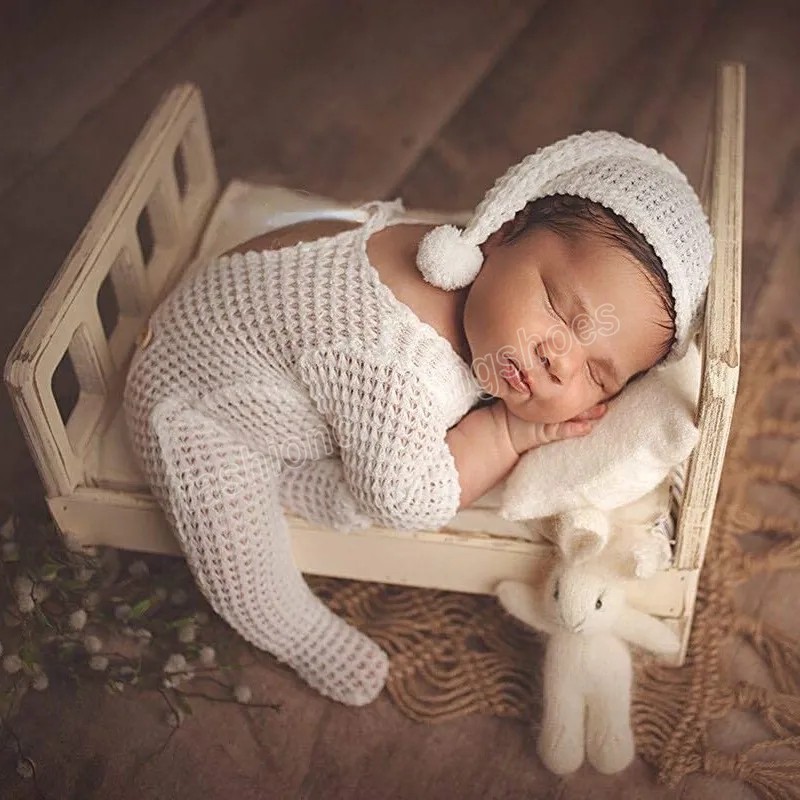 Nouveau-né infantile bébé ensemble Onesies tricoté salopette barboteuses avec longue queue chapeau vêtements ensembles photographie vêtements accessoires