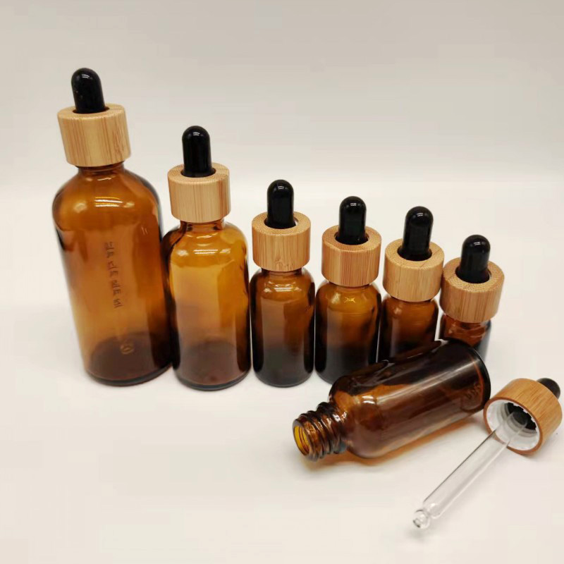 Frosted Amber Glass Dropper Bottle 5ml 10ml 15ml 20lm 30ml 50ml 100ml With Bamboo Cap 1oz Wooden Essential Oil Bottles