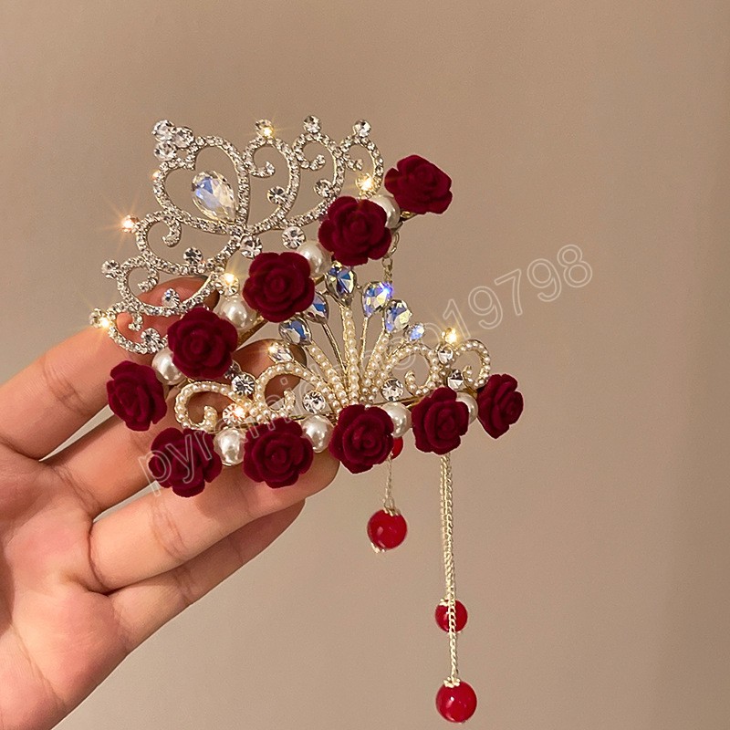 Beautiful Mini Rose Flower Hair Clips Crystal Crown Barrettes Elegant Female Girl Ponytail Hairpin Hair Accessories Gifts