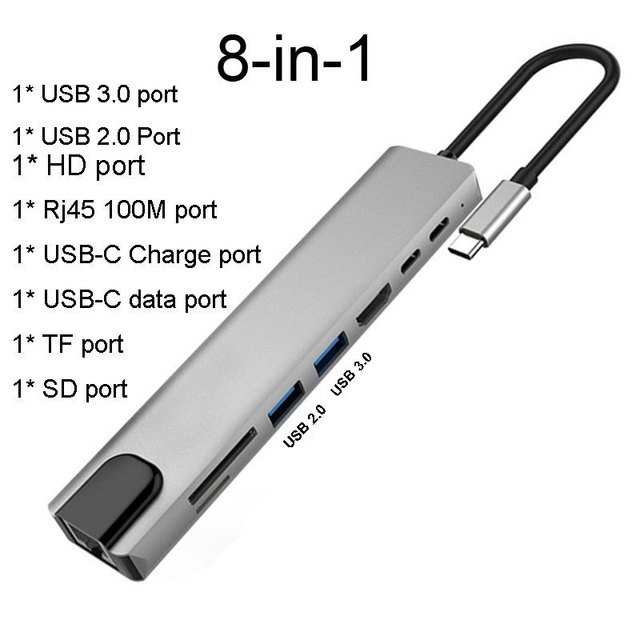 Station d'accueil HUB USB C vers HDMI, adaptateur 4K VGA Rj45 Thunderbolt 3, Hub 3.0 TF, lecteur SD PD AUX pour PC