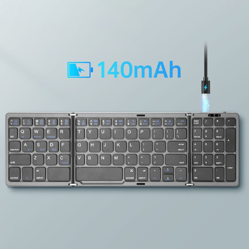 Mini portátil Três teclado Bluetooth portátil Teclado dobrável sem fio para iOS Android Windows iPad Tablet com teclado numérico