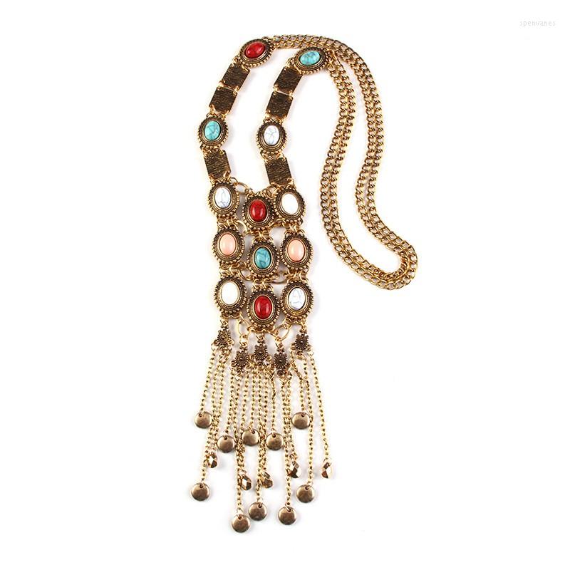 Łańcuchy retro vintage bohemian kolorowy turkusowy kamień długie naszyjniki z frędzl