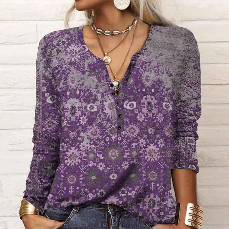 Femmes Casual Chemises À Manches Longues Sexy Col En V Tops Button Up Print Floral National Fashion Blouses