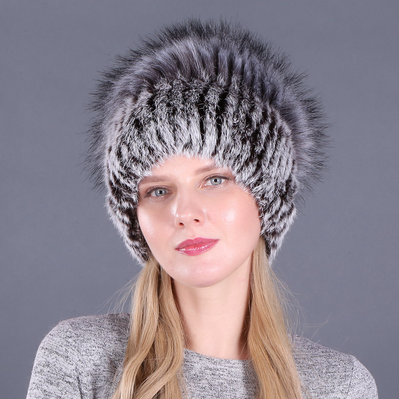 Women's Rex Rabbit Fur Hats Winter Striped Head Top Flower Faux Warm Knit Caps Fashion Women Skullies Beanie