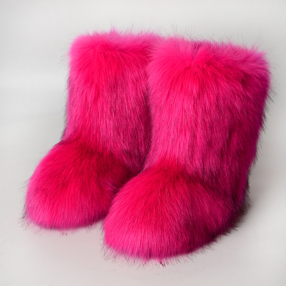 2023 woman fashion fur colorful boots girls winter warm ankle flats shoe lady short nice snow boots red pink big size 44 42 41 No Box #SH0685