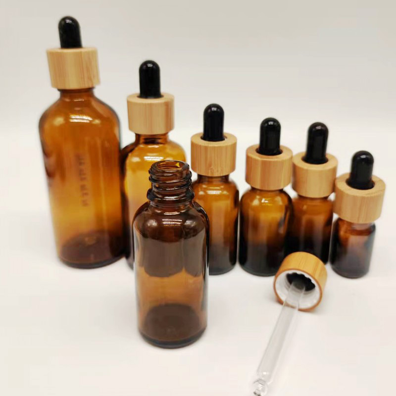 Frosted Amber Glass Dropper Bottle 5ml 10ml 15ml 20lm 30ml 50ml 100ml With Bamboo Cap 1oz Wooden Essential Oil Bottles