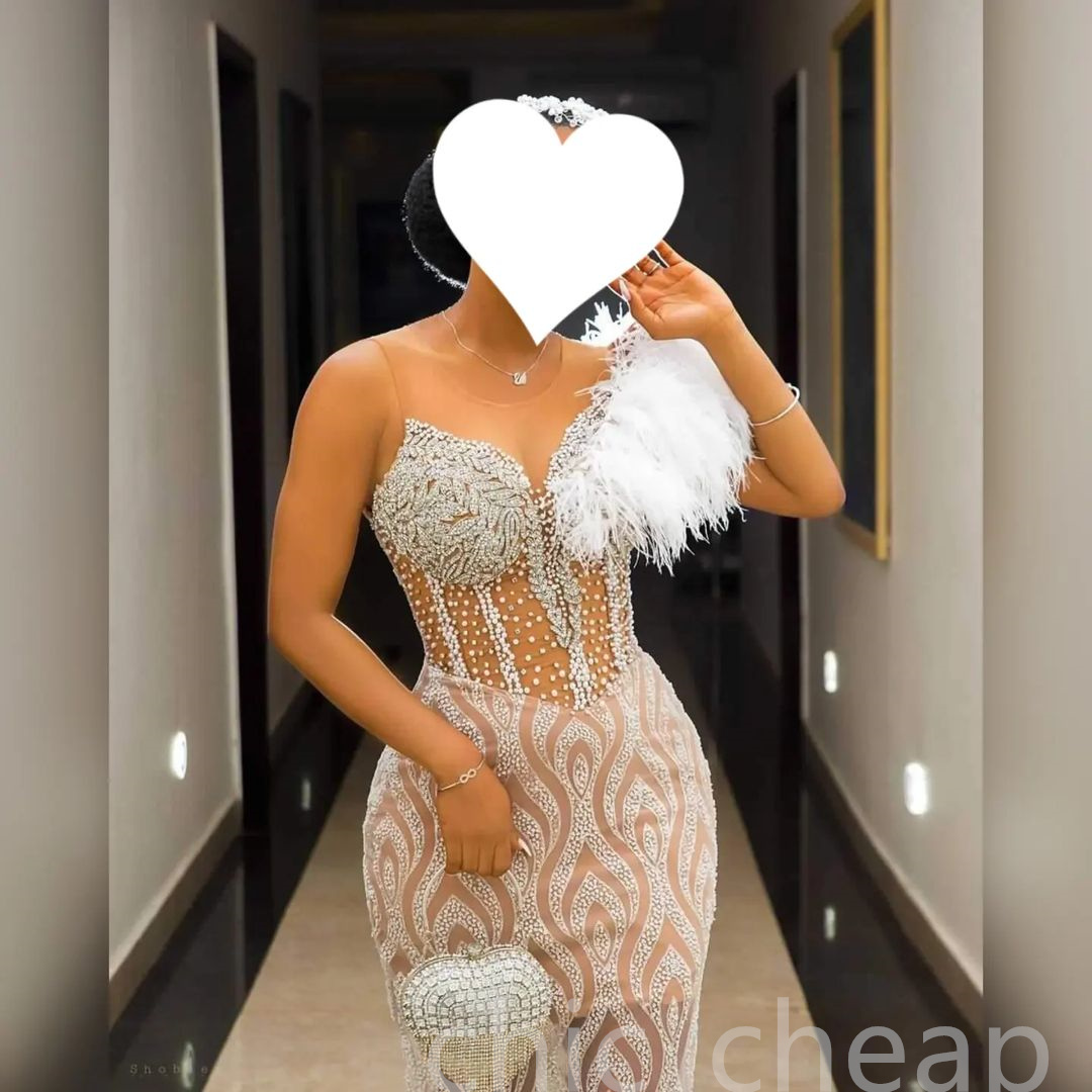 2023 ￁rabe Aso Ebi Ivory Sereia Prom Vestidos de Bi￧o Cristais de Feather Evening Festa formal Segunda recep￧￣o Vestidos de noivado de anivers￡rio JZ505