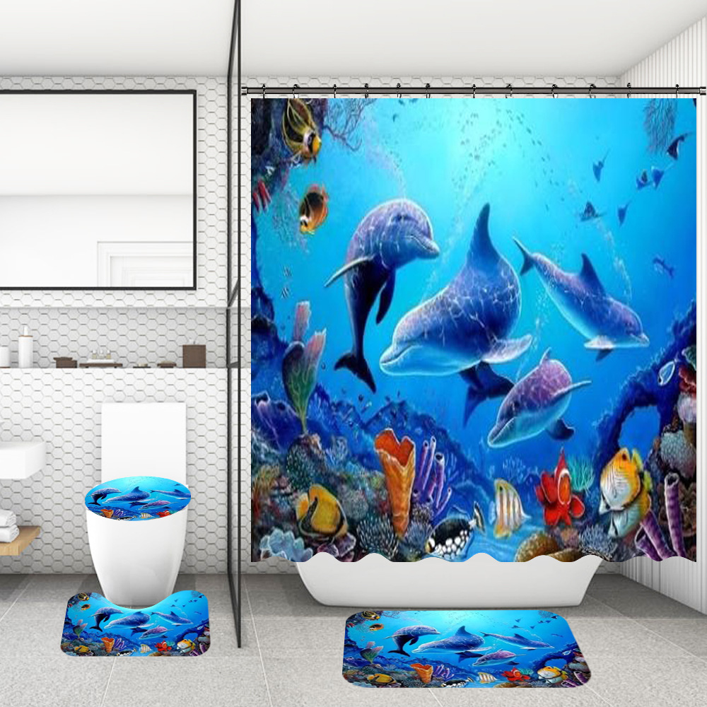 Bathroom Shower Curtain Toilet Mat Ocean Seaside Starfish Shell Dolphin Printed Washroom Bath Mats Curtains with Non-Slip Carpet Rug