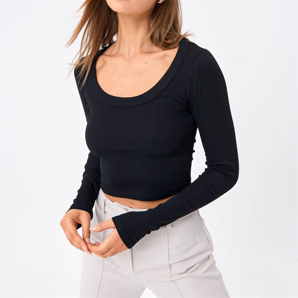 Women Shirts Scoop Neck Solid Basic Ribbed Knit Blouses Long Sleeve T Shirt Sexy Crop Top