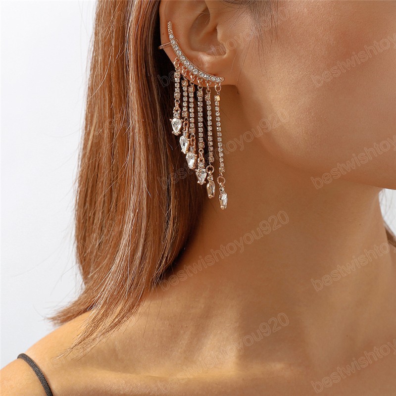 Lyxig blank tydlig strass dinglar örhängen för kvinnor gifta brudtassel länk piercing örhängen öron smycken