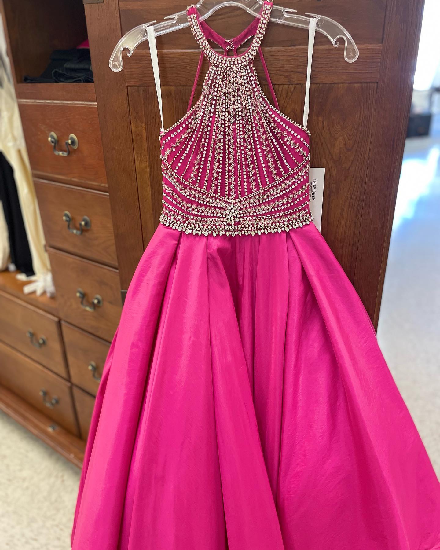 Little Miss Pageant Dress for Teens Junior Toddler 2023 Beading AB Stones Crystal Long Girl Pageant Gown Formal Party Runway Red Carpet ritzee Fuchsia Taffeta Halter