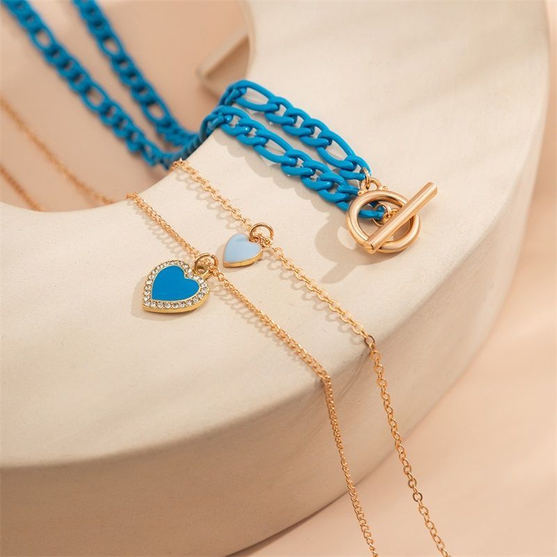 Multi-layer blue love pendant necklace bracelet Gradual change designer jewelry bracelets ring Womens mens couple fashion gold sil299L