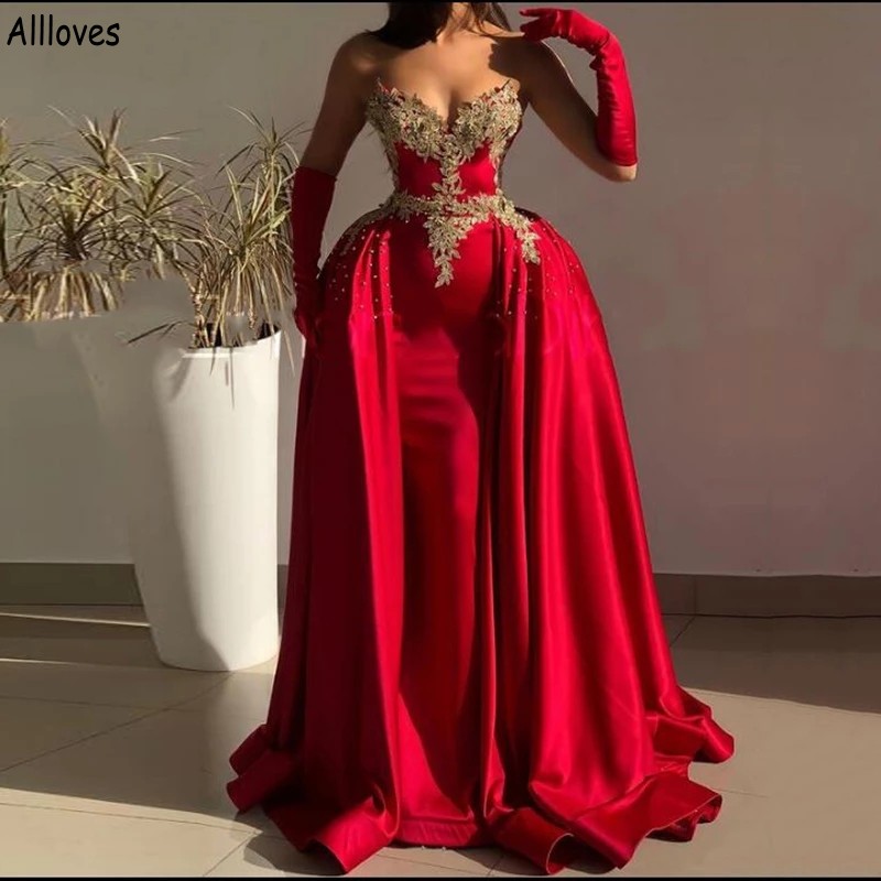 Saudi Arabia Red Mermaid Evening Dresses With Detachable Skirt Gold Lace Appliques Beaded Prom Party Gowns Plus Size Women Second Reception Formal Dress CL1544