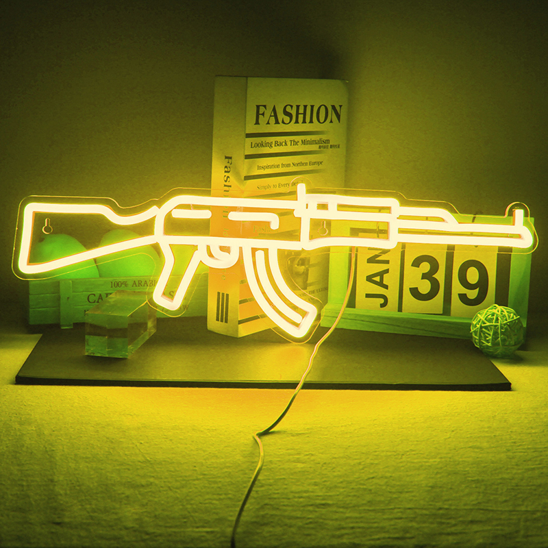 Neon Sign Light Gun AK 47 Super Cool Lampade a sospensione Segno personalizzato Logo Decorazione Lampada Sala giochi Negozio Decorazioni da parete