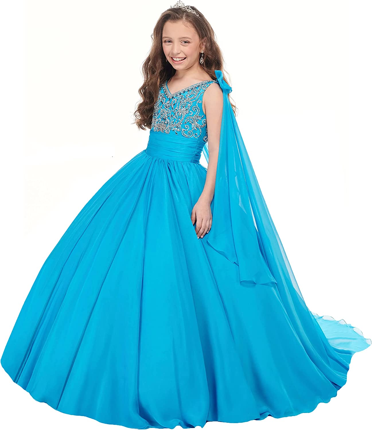 Little Girl's Pageant Dresses Sparkle Crystals Rhinestones Kids Formal Princess Ball Gown With Long Wrap Flower Girl Todder Birthday First Communion Dress CL1546