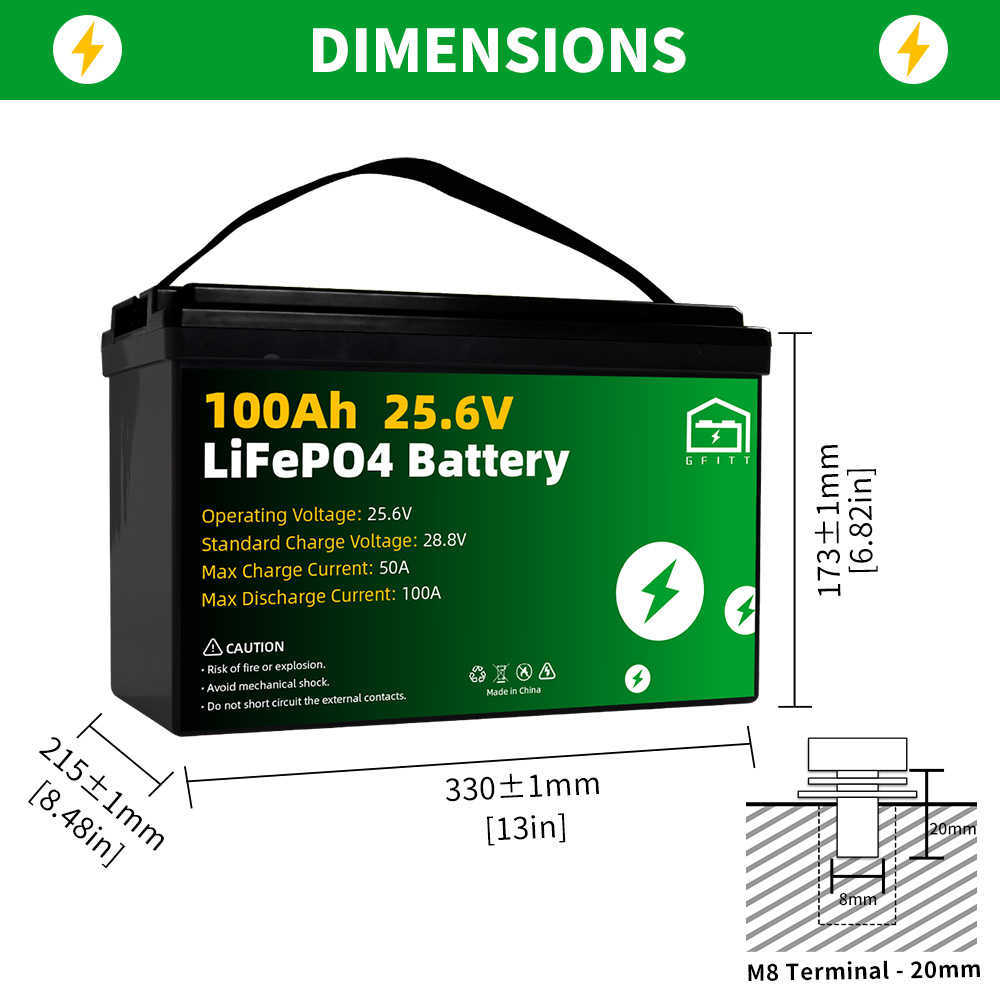 Nytt 24V 100AH ​​LIFEPO4 Batteripaket Inbyggt BMS 25.6V 2560WH Uppladdningsbart batteripaket för RV-båtgolfkart EU US-skattebefrielse