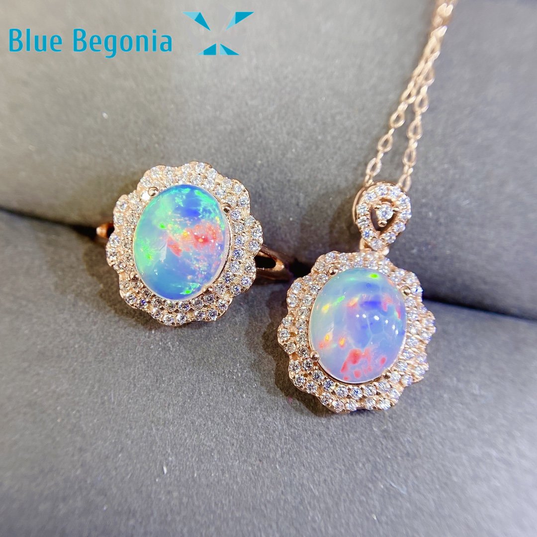 Natural Opal Jewelry Set 8X10mm Gemstone Ring Earring Pendant Necklace Exquisite Wedding Party Jewelry Set for Women