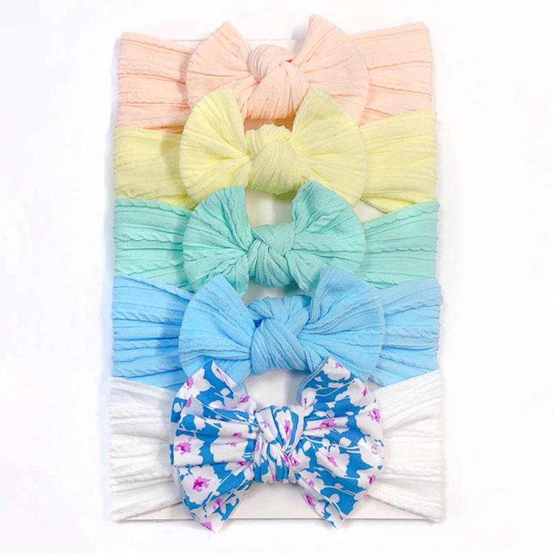 5 -stcspasgeboren nylon bowknot hoofdband babymeisjes bloemen gedrukte elastische zachte tulband schattige kleine prinses boog haar accessoires