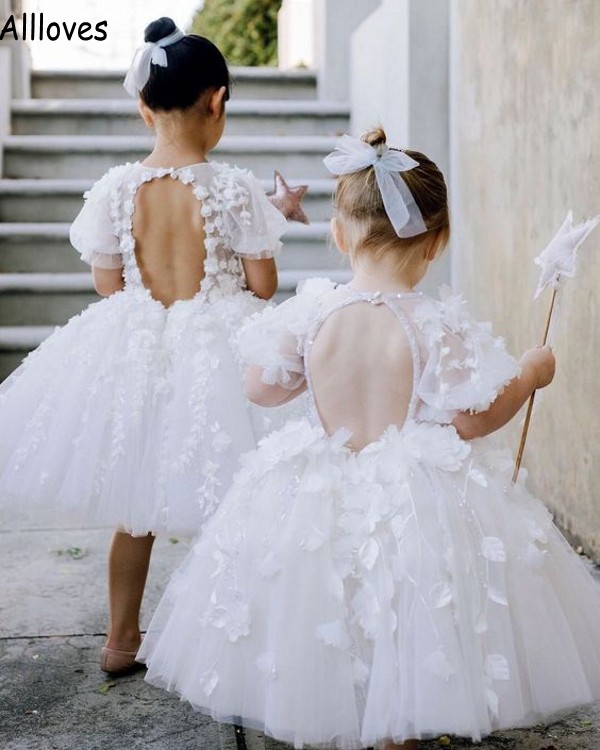 Puffy Cute White Flower Girl Dresses For Wedding 3D Floral Lace Sequins Kort ￤rmar Kids Toddar Pageant F￶delsedag Formella bollkl￤nningar F￶rsta nattvardskl￤nning CL1552