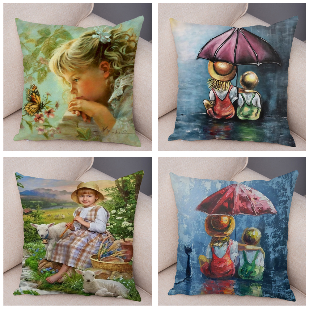 Cute Cartoon Children Cushion Cover Decor Harajuku Oil Painting Lady Pillowcase for Sofa Home Soft Plush Throw Pillow Case