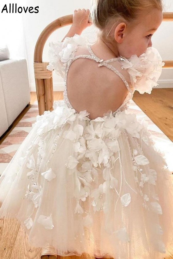 Puffy Cute White Flower Girl Dresses For Wedding 3D Floral Lace Sequins Short Sleeves Kids Todder Pageant Birthday Formal Ball Gowns First Communion Dress CL1552