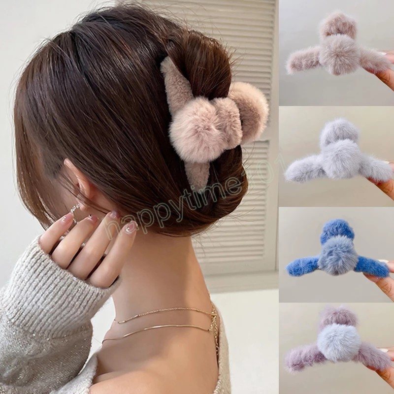 Winter Plush Clamps For Women Girl Cute Large Hairball Hair Claw Solid Color Hairpin Headwear Fashion Hair Accessories