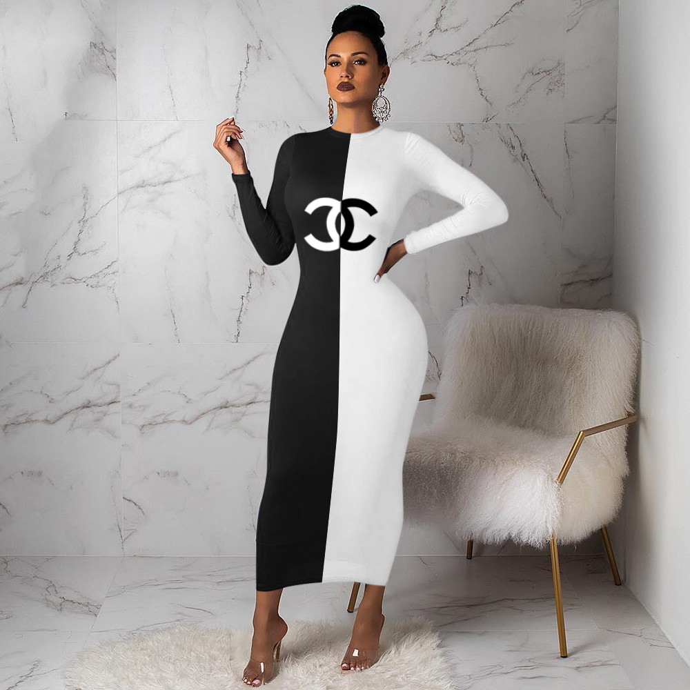 2024 Designer Women Dresses Brand black white panelled One Piece Outfit bodycon maxi dress print Party club robes long sleeve vestidos fall winter Clothes 9079-6