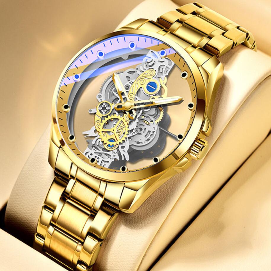 Gold Automatic Watch Men Stainless Steel Strap Skeleton Mechanical Watches Top Brand Luxury Luminous Pointer Watch