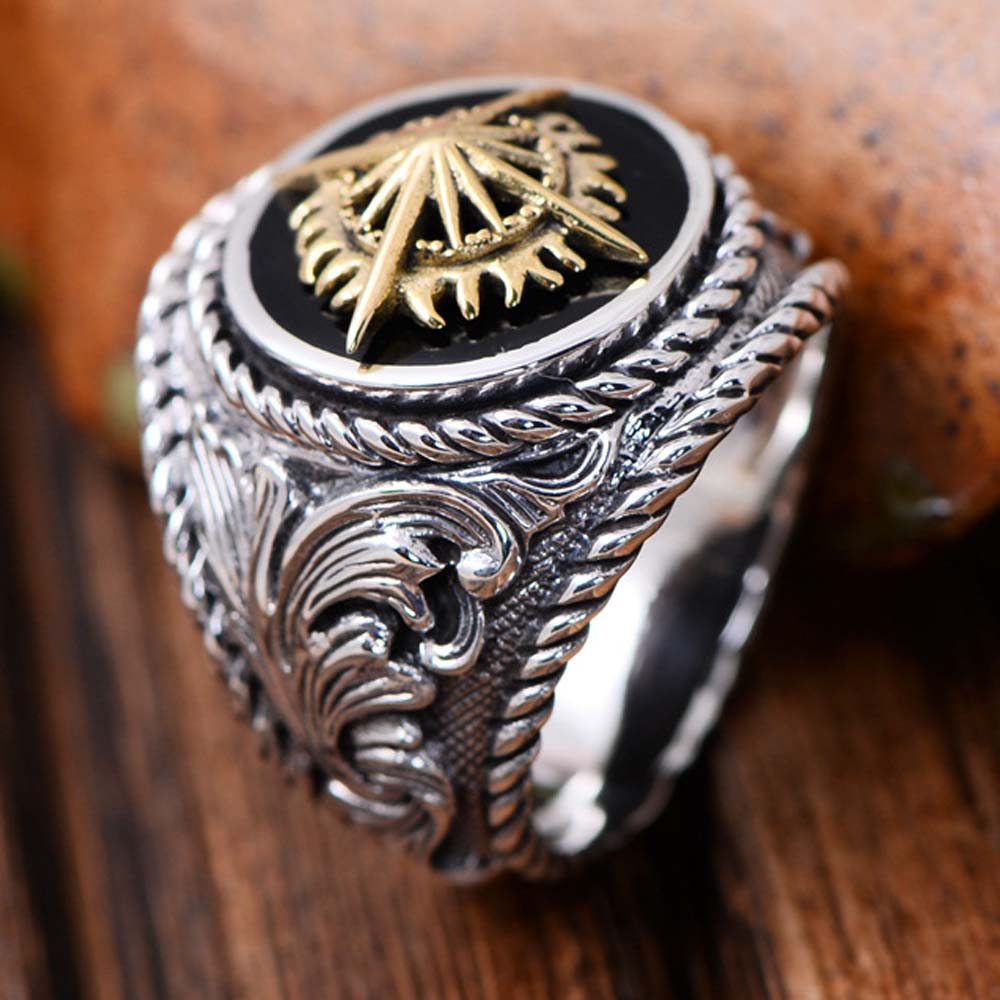 Thaise sterling zilveren ringen messing 2 toon zonlicht gegraveerde retro mannen ring kerstcadeau Vaderdag geschenken Verjaardagsgeschenken