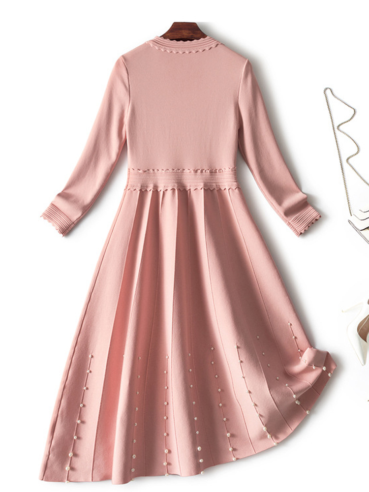 Herfst winter kralen gebreide trui jurken voor vrouwen 2022 Koreaanse mode lange mouw soid aline casual vestidos roze