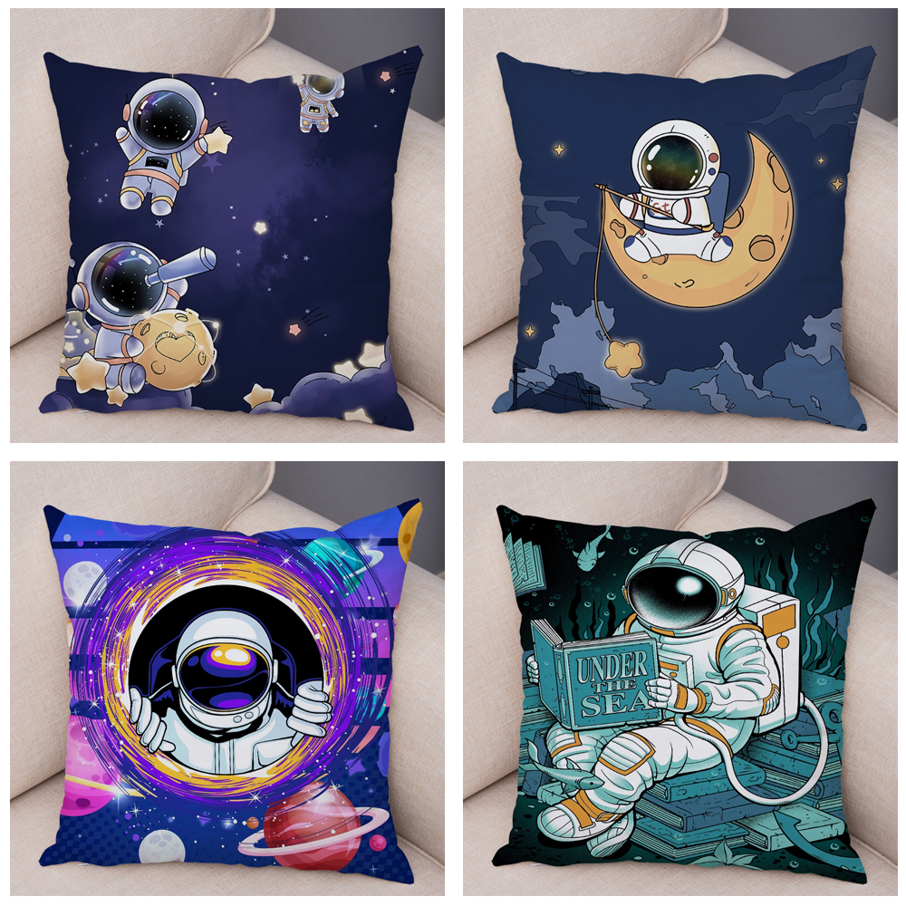 Tecknad astronauter kudde täcker mjuk plsuh dekor kosmisk himmel kudde för soffa hem bil dubbel tryck kudde fodral barn rum