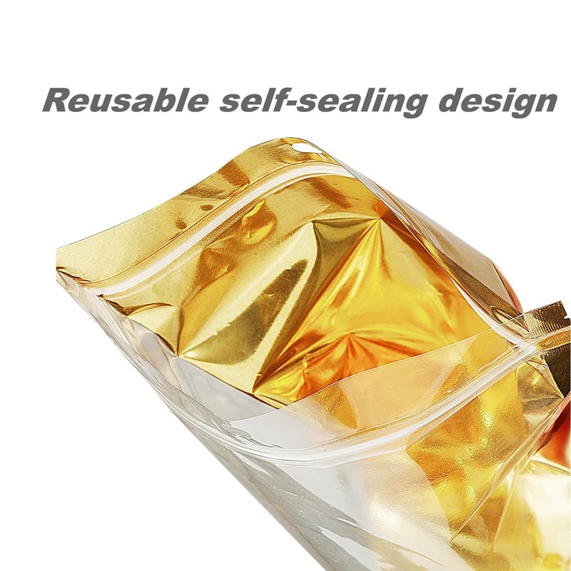 ゴールドスタンドアップセルフシールマイラーバッグは、食料貯蔵コンテナ用の透明なフロントウィンドウを備えた光沢のある光沢のあるアルミホイルポーチを封印できますオーガナイザーLX5314