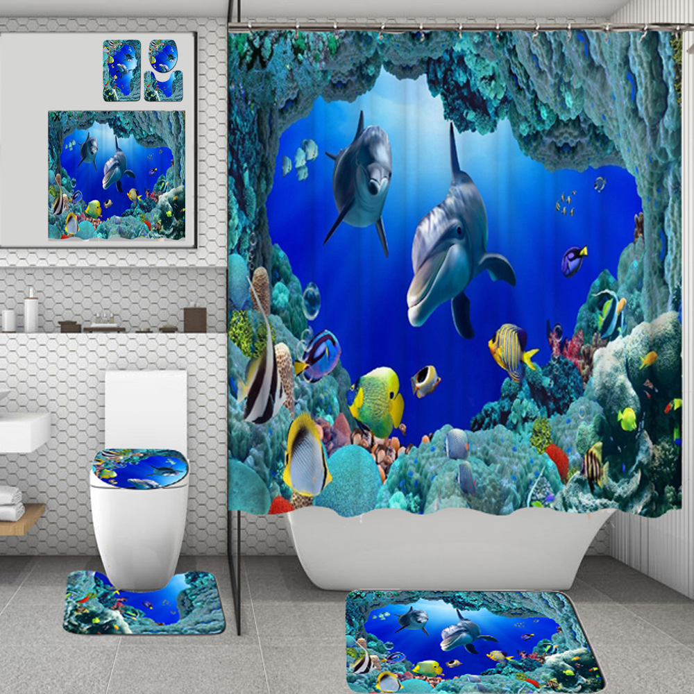 Bathroom Shower Curtain Toilet Mat Ocean Seaside Starfish Shell Dolphin Printed Washroom Bath Mats Curtains with Non-Slip Carpet Rug