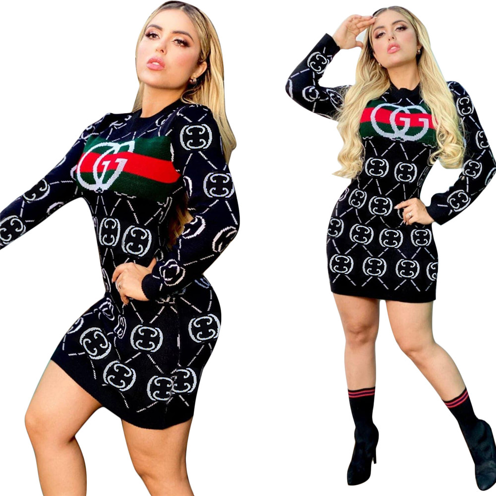 2024 Designer-Pullover Kleider Frauen Herbst Winterkleidung Bodycon Woll Mini Kleider Print Strickkleid Club Robe Langarm Vestidos Ein Stück Outfit Großhandel 9081-7