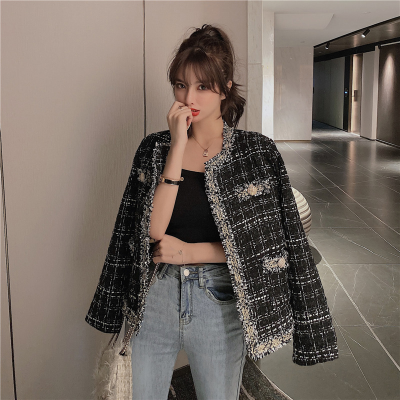 Womens Woman Jacket Coats Vintage Plaid Long Sleeve O-neck Open Stitch Runway Tweed Cardigans Fashion Coat Ropa Para Mujer Clothes Clothing