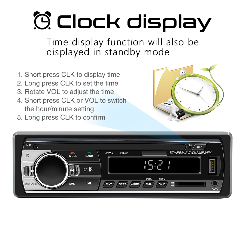 Rádio de carro estéreo Player Digital Bluetooth MP3 Player JSD520 60WX4 FM Música estéreo de áudio USB/SD com Dash Aux Input