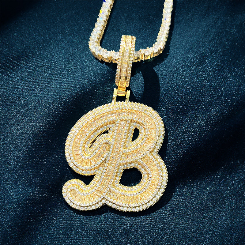 Personnalisé AZ Cut Full Real Icy Baguette Cursive Lettres Pendentif Collier Or Argent Zircon Cubique Hommes Femmes avec Chaîne de Corde de 24 pouces 192K