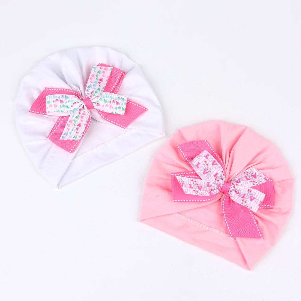 Bonnet en coton rose Love Print Ribbon Bow Bébés filles Headwrap Cap Newborn Warm Turban Hat Large Bowknot Fabric Bonnet Toddler