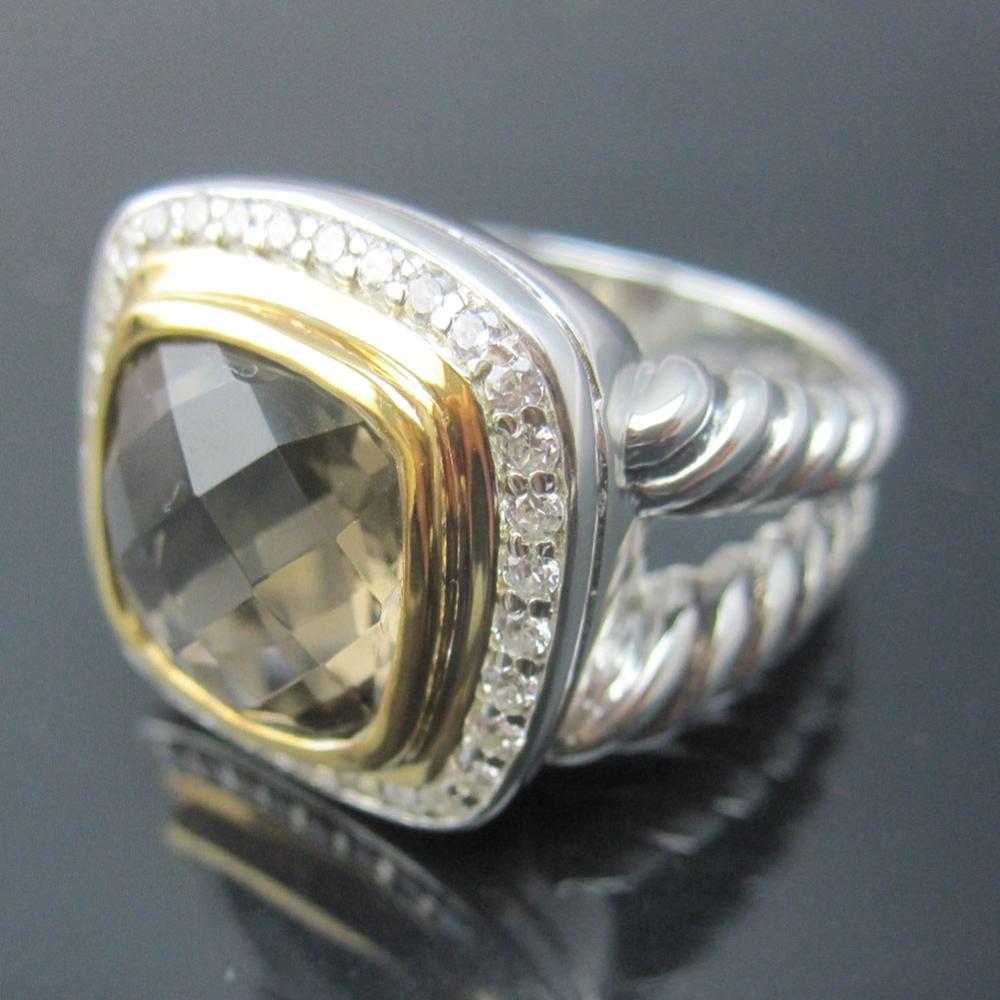 Solid 925 Sterling Silver Ring for Women 11mm Smoky Quartz Ring With Gold Plated Brand Fine Jewelry Birthday Gifts