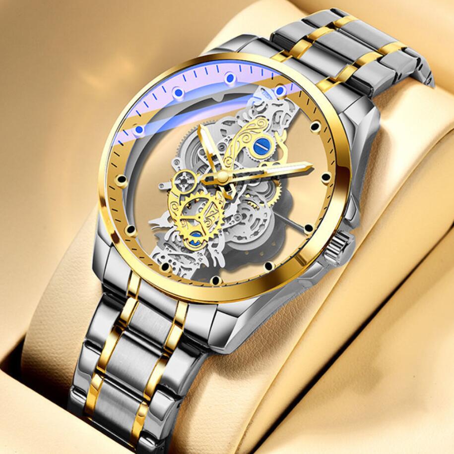 Herrenuhren, doppelseitig, aushöhlen, automatische Quarzuhr, Gold, Retro, wasserdicht, leuchtende Herren-Armbanduhr