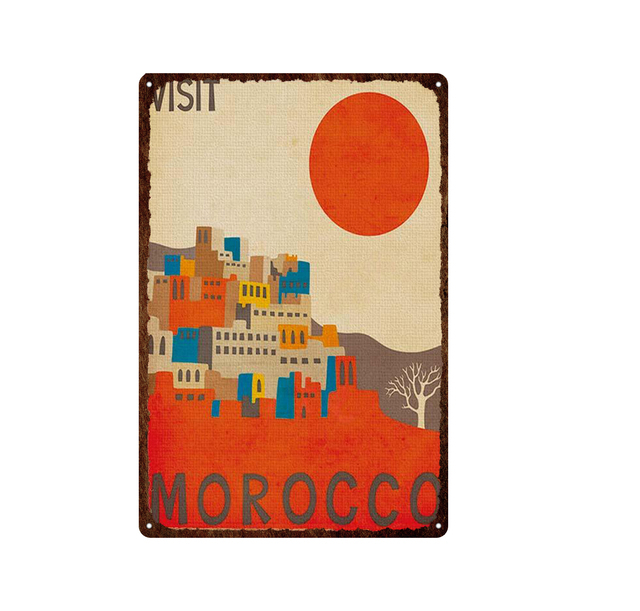 Metaal schilderen grappig Marokko Hawaii Africa Sunset Scenery Seaside Metal Sign Vintage Travel Poster Wall Art Decoratie Retro Iron Paintings Tin Plate Maat 20x30 W01