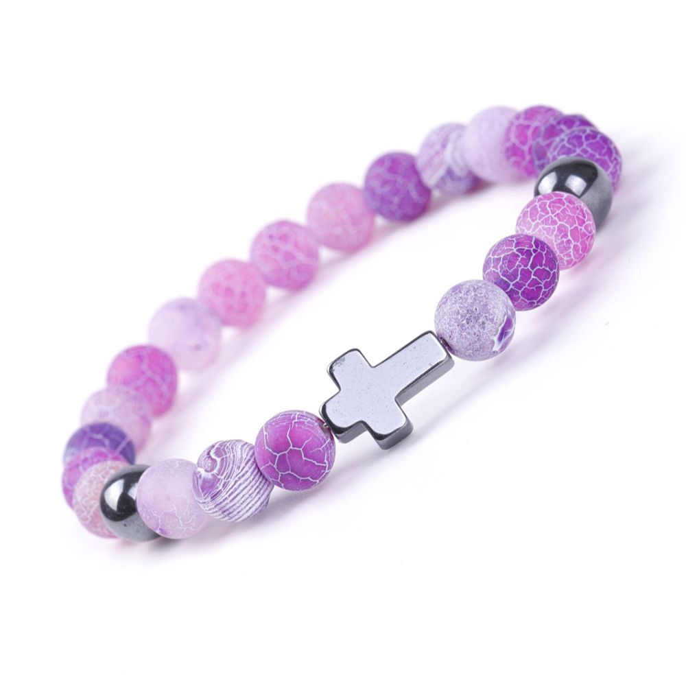 8mm Purple Blue Colorful Weathered Agate Hematite Beads Cross Bracelet for Women Men Yoga Jewelry