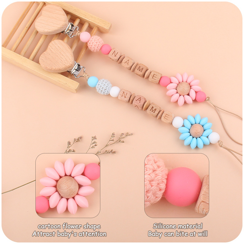 Baby fopspeen clips ketting bloem gepersonaliseerde naam diy pasgeboren geschenken tandenspeelgoed speelgoed dummy tepels houder clip anti-meest kettingen