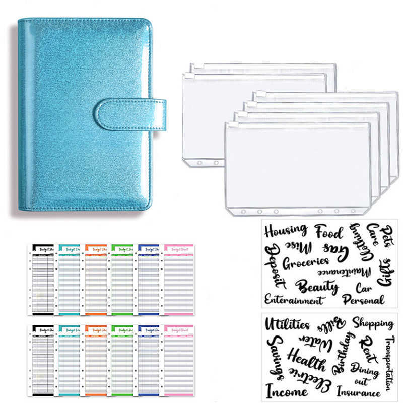 A6 Glitter Pu Leather Binder Budget Kuvert Planner Organiser System med tydliga blixtl￥s Kostnadsbudgetblad