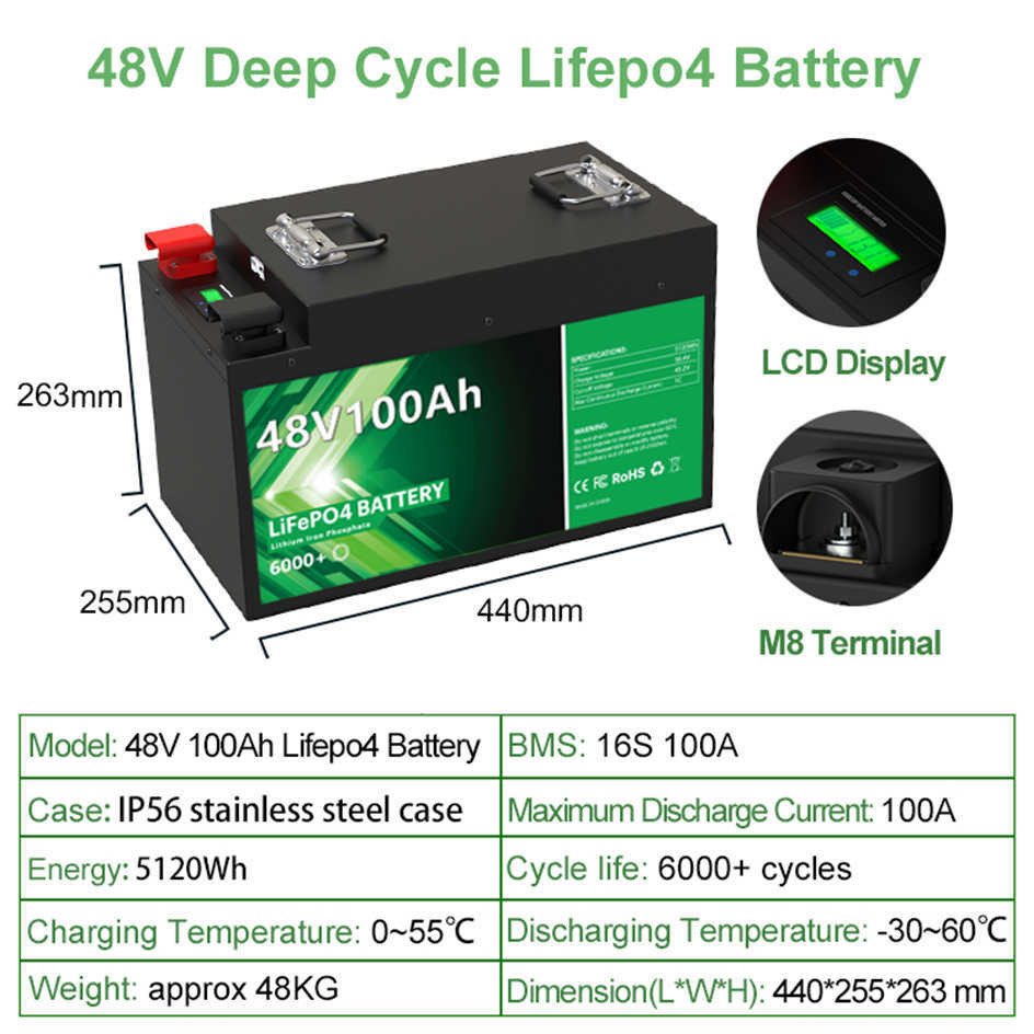 48V 100Ah LiFePO4 Batterie Eingebaute Zellen der Güteklasse A 16S 100A BMS Wiederaufladbarer Lithium-Akku für Solar-Golfwagen RV EU KEINE STEUER