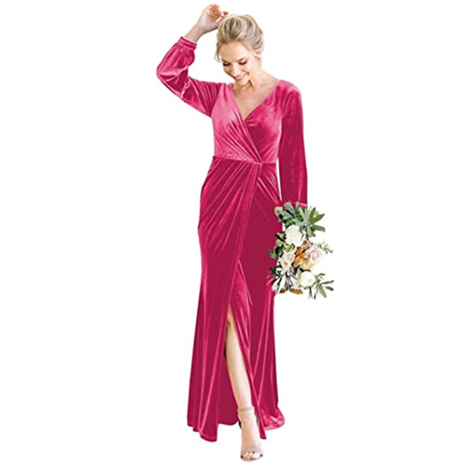 2023 Sexy Velvet Mermaid Prom Dresses V Neck Long Sleeves High Split Floor Length Evening Dresses Party Gowns